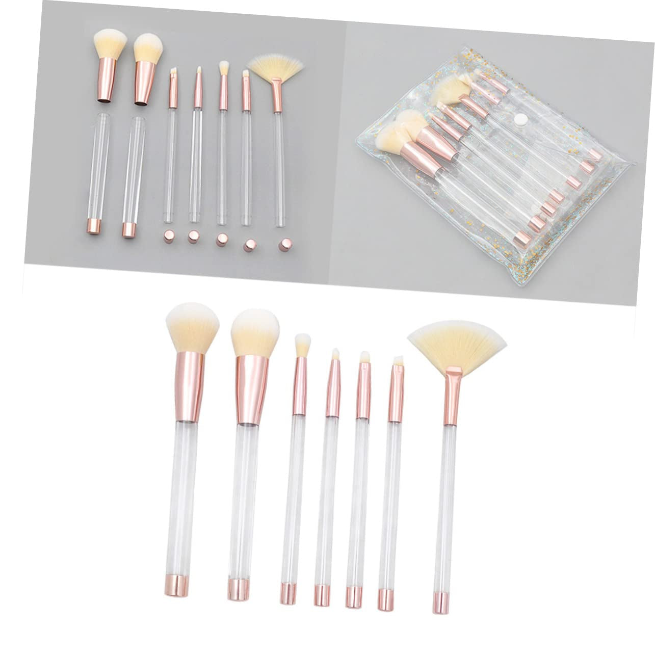 7Pcs Crystal Makeup Brush Set Sand Fillable Brushes Rose Gold Yellow Accents for Women Makeup Application and Daily Use