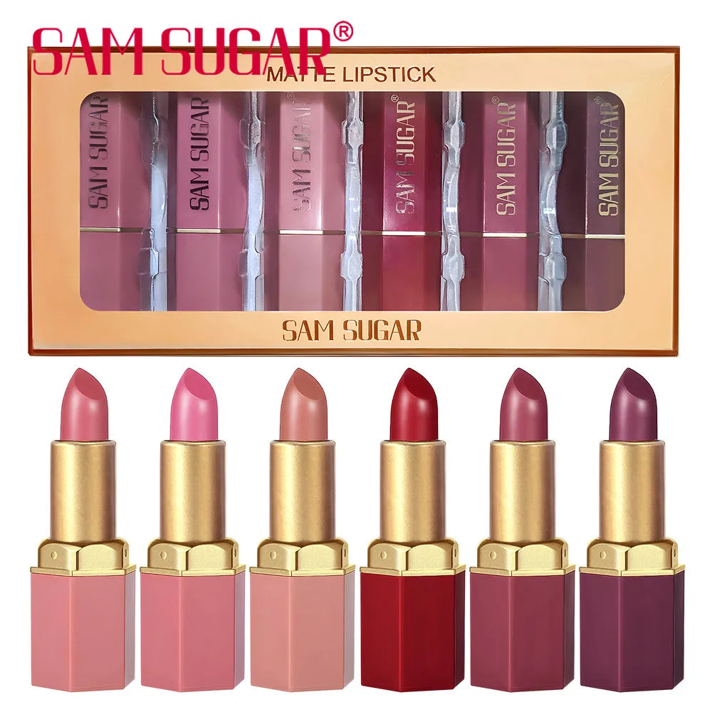 6-Piece Matte and Pearlescent Glitter Lipstick Set in Gold Bar Tube - Perfect Valentine's Day Gift in 6 Colors
