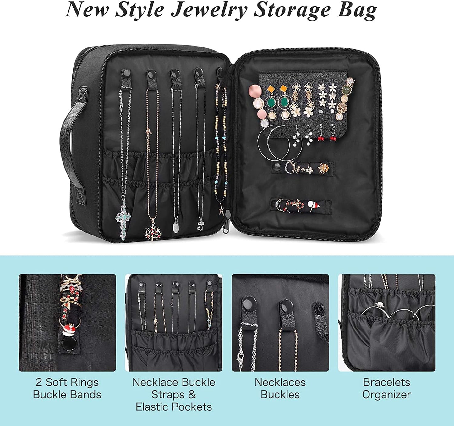 Waterproof Makeup and Jewelry Organizer Bag for Women with Compartments (Black)