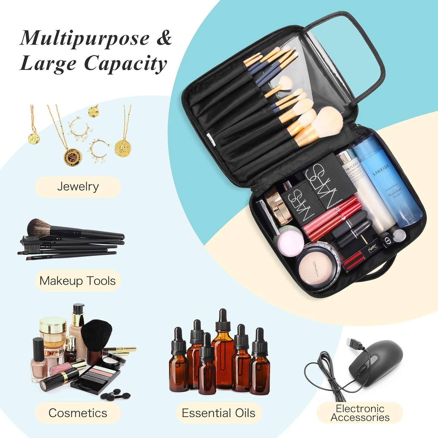 Waterproof Makeup and Jewelry Organizer Bag for Women with Compartments (Black)