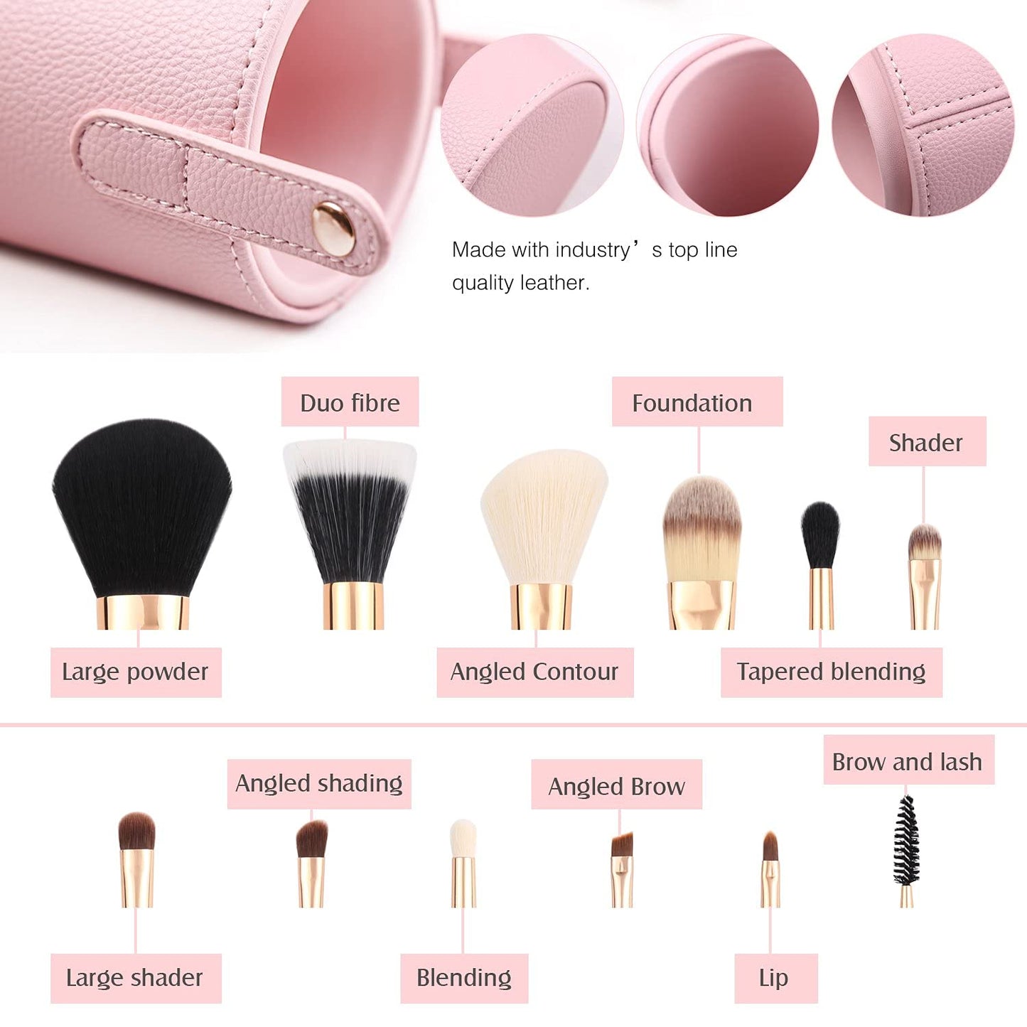 12-Piece Pink Synthetic Makeup Brush Set with Holder - Travel-Friendly Cosmetic Brushes for Foundation, Powder, Contour, Blush, and Eyes, Plus Bonus Makeup Sponge