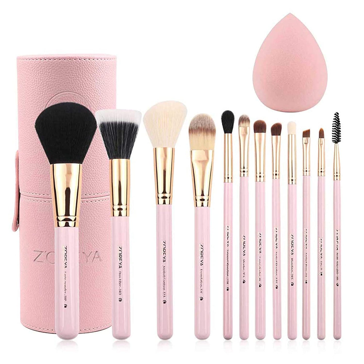 12-Piece Pink Synthetic Makeup Brush Set with Holder - Travel-Friendly Cosmetic Brushes for Foundation, Powder, Contour, Blush, and Eyes, Plus Bonus Makeup Sponge