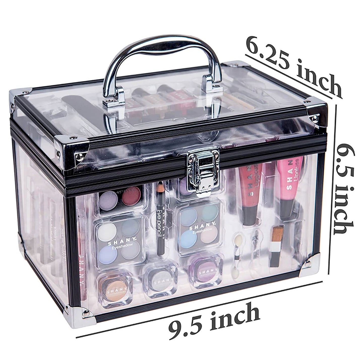 Carry All Trunk Makeup Train Case with Re-Usable Aluminum Makeup Storage Case. Makeup Set with Eye Palettes, Blushes,Makeup Powders, Manicure, Pedicure and Makeup Brushes.