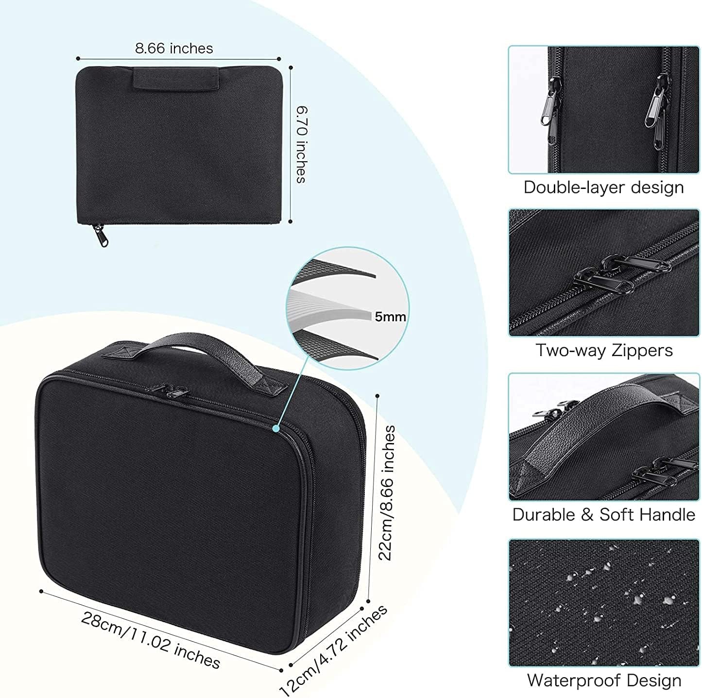 Waterproof Makeup and Jewelry Organizer Bag for Women with Compartments (Black)