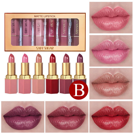 6-Piece Matte and Pearlescent Glitter Lipstick Set in Gold Bar Tube - Perfect Valentine's Day Gift in 6 Colors