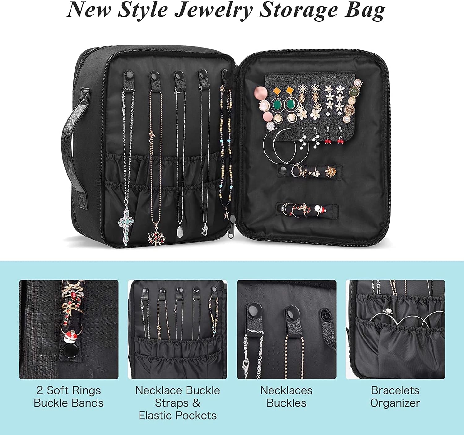 Waterproof Makeup and Jewelry Organizer Bag for Women with Compartments (Black)