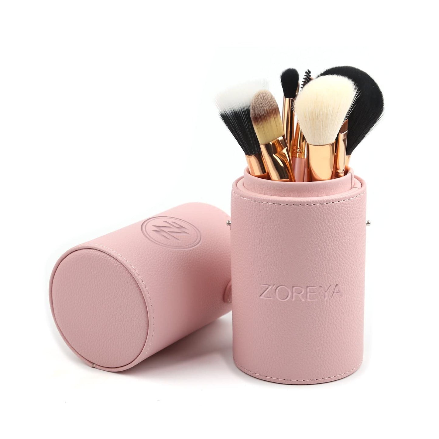 12-Piece Pink Synthetic Makeup Brush Set with Holder - Travel-Friendly Cosmetic Brushes for Foundation, Powder, Contour, Blush, and Eyes, Plus Bonus Makeup Sponge