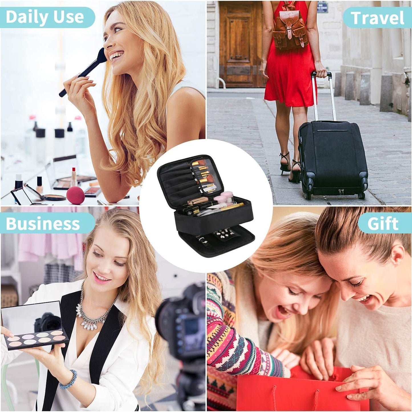 Waterproof Makeup and Jewelry Organizer Bag for Women with Compartments (Black)