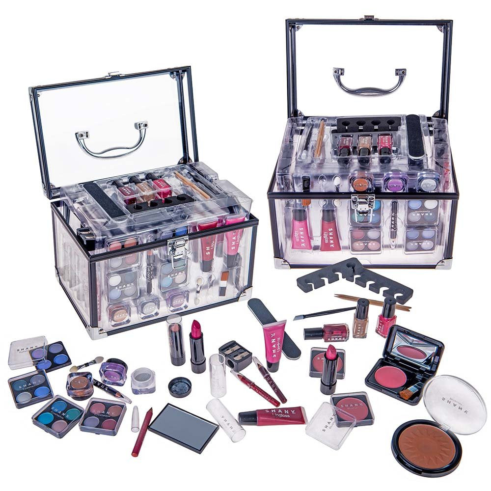 Carry All Trunk Makeup Train Case with Re-Usable Aluminum Makeup Storage Case. Makeup Set with Eye Palettes, Blushes,Makeup Powders, Manicure, Pedicure and Makeup Brushes.