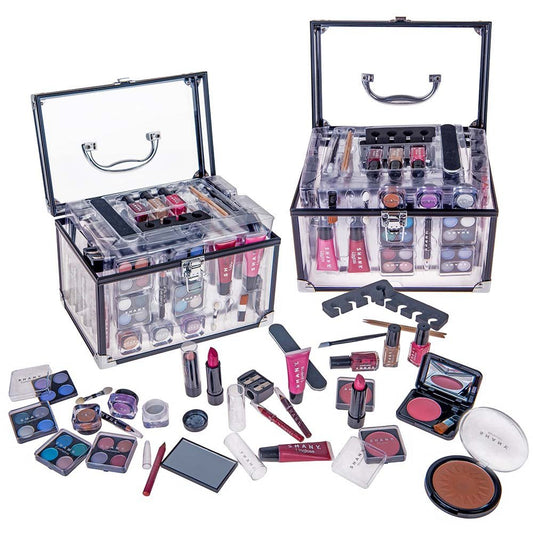 Carry All Trunk Makeup Train Case with Re-Usable Aluminum Makeup Storage Case. Makeup Set with Eye Palettes, Blushes,Makeup Powders, Manicure, Pedicure and Makeup Brushes.