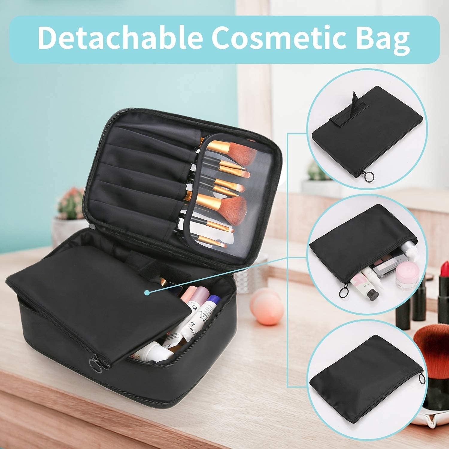 Waterproof Makeup and Jewelry Organizer Bag for Women with Compartments (Black)