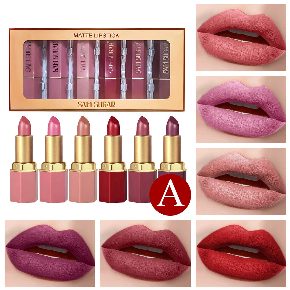 6-Piece Matte and Pearlescent Glitter Lipstick Set in Gold Bar Tube - Perfect Valentine's Day Gift in 6 Colors