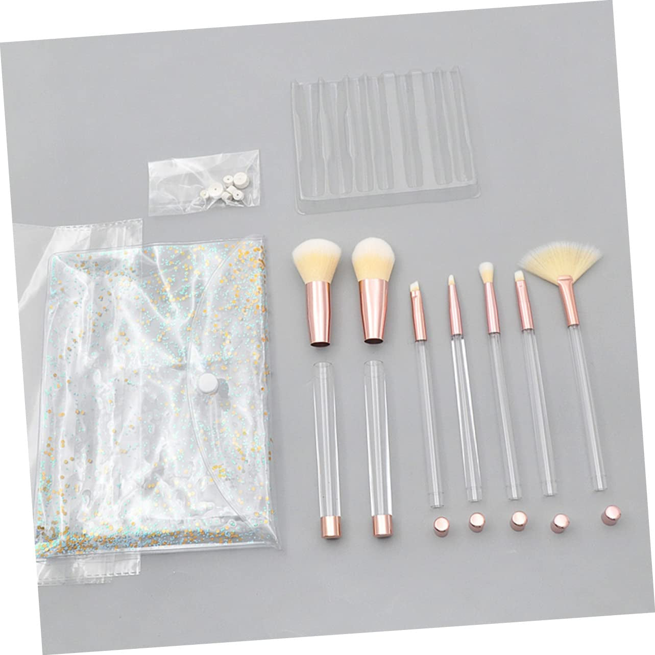 7Pcs Crystal Makeup Brush Set Sand Fillable Brushes Rose Gold Yellow Accents for Women Makeup Application and Daily Use