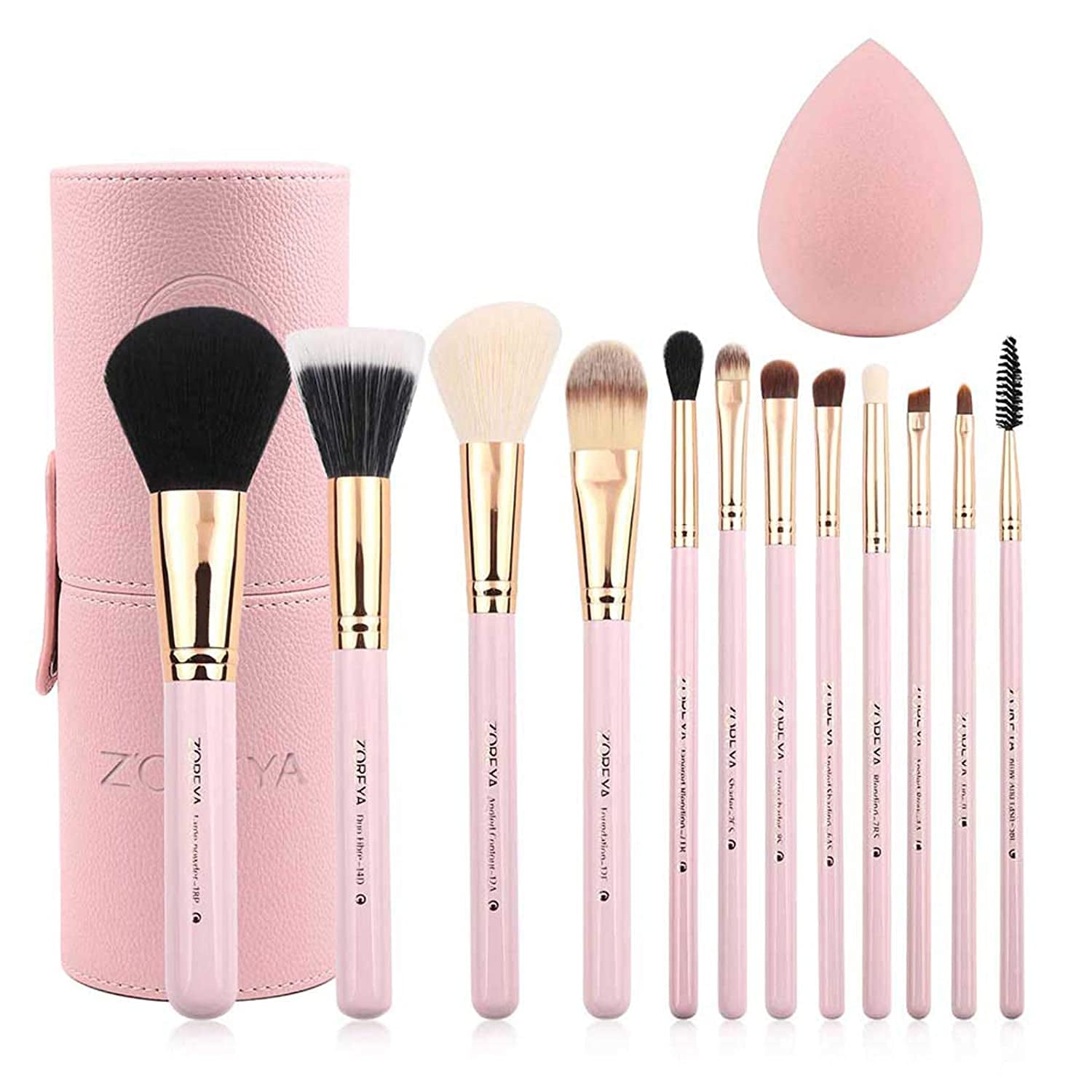 12-Piece Pink Synthetic Makeup Brush Set with Holder - Travel-Friendly Cosmetic Brushes for Foundation, Powder, Contour, Blush, and Eyes, Plus Bonus Makeup Sponge